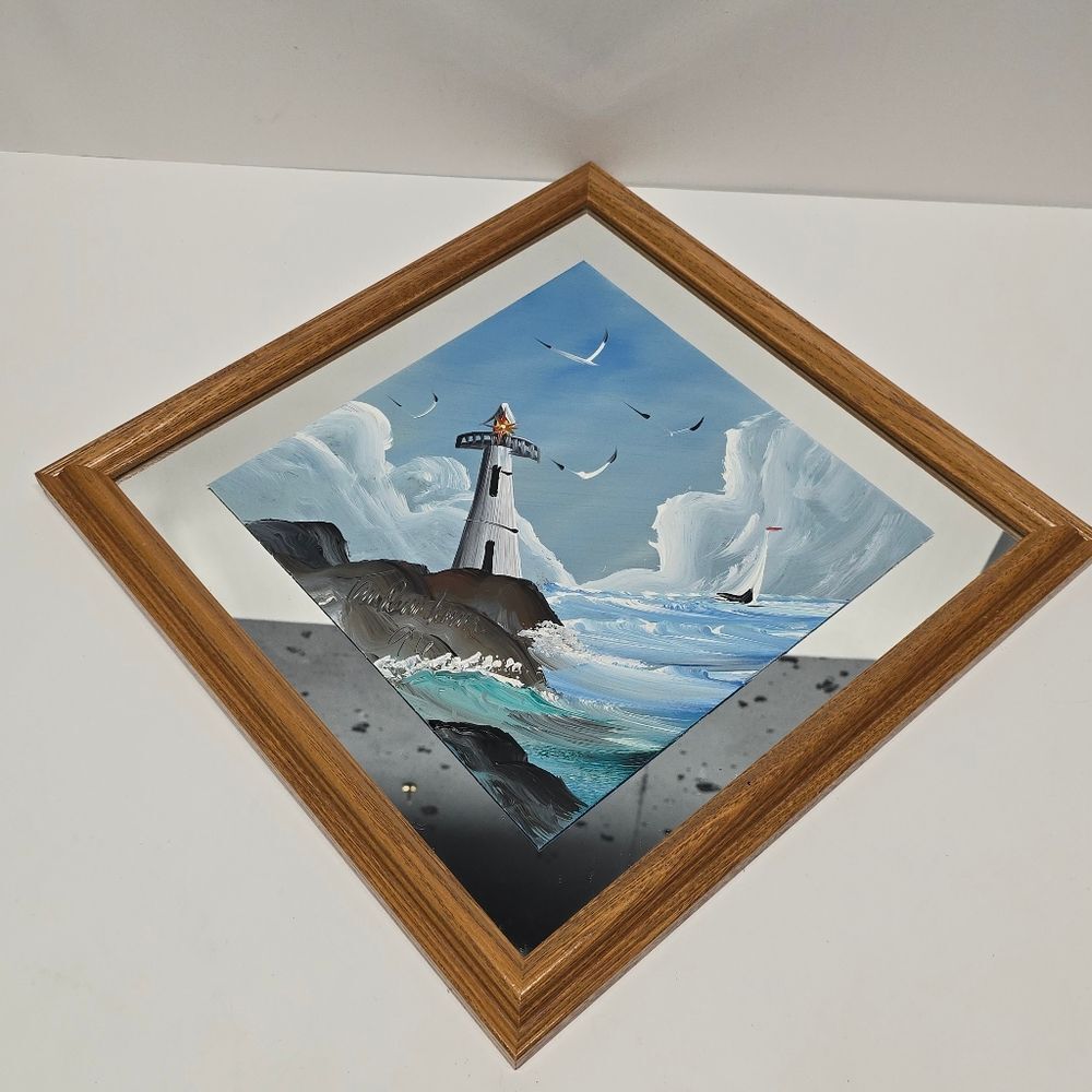 Tom Dunham Lighthouse Signed Mirror Painting Vintage 1996 Coastal Ocean